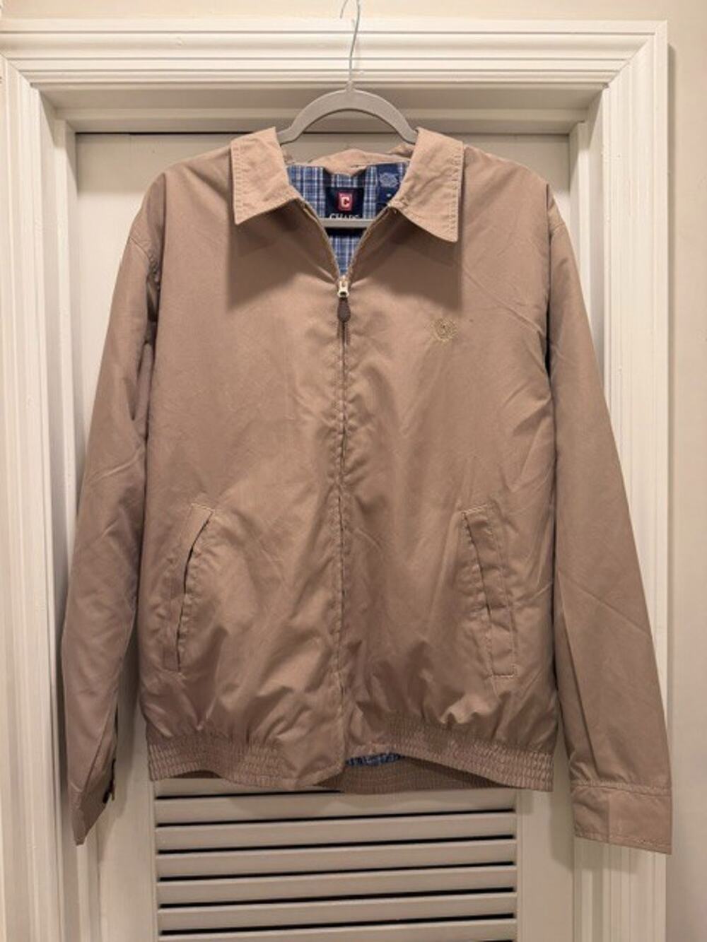 Y2K Chaps Jacket Mens Medium Tan Harrington Windbreaker Plaid Lined Full Zip